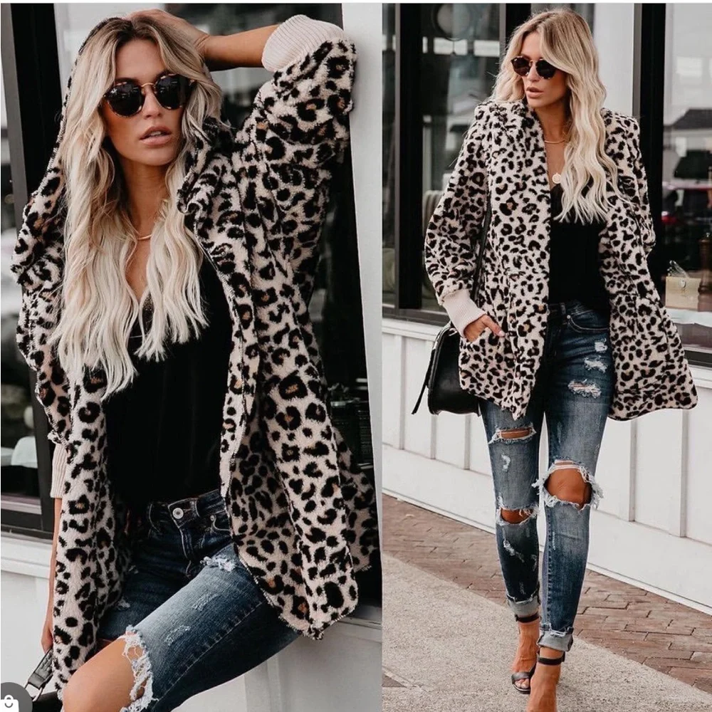 Leopard hooded jacket plush warm fuzzy jacket